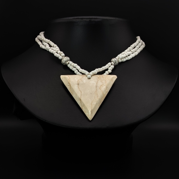 VINTAGE Marble Stone Triangle Pendant with Beaded Necklace - Picture 1 of 10